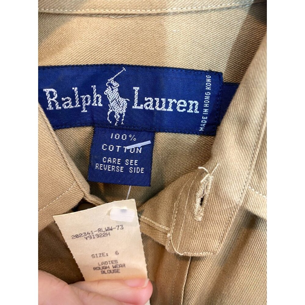 VTG Ralph Lauren Ladies Rough Wear Blouse 80s Khaki Button Front Cotton Size 6 - Picture 12 of 12